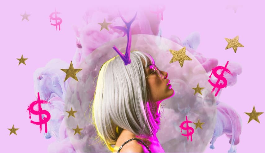 Taurus full moon artwork: a silver-haired woman with Taurus horns, pink dollar signs and gold stars on lilac